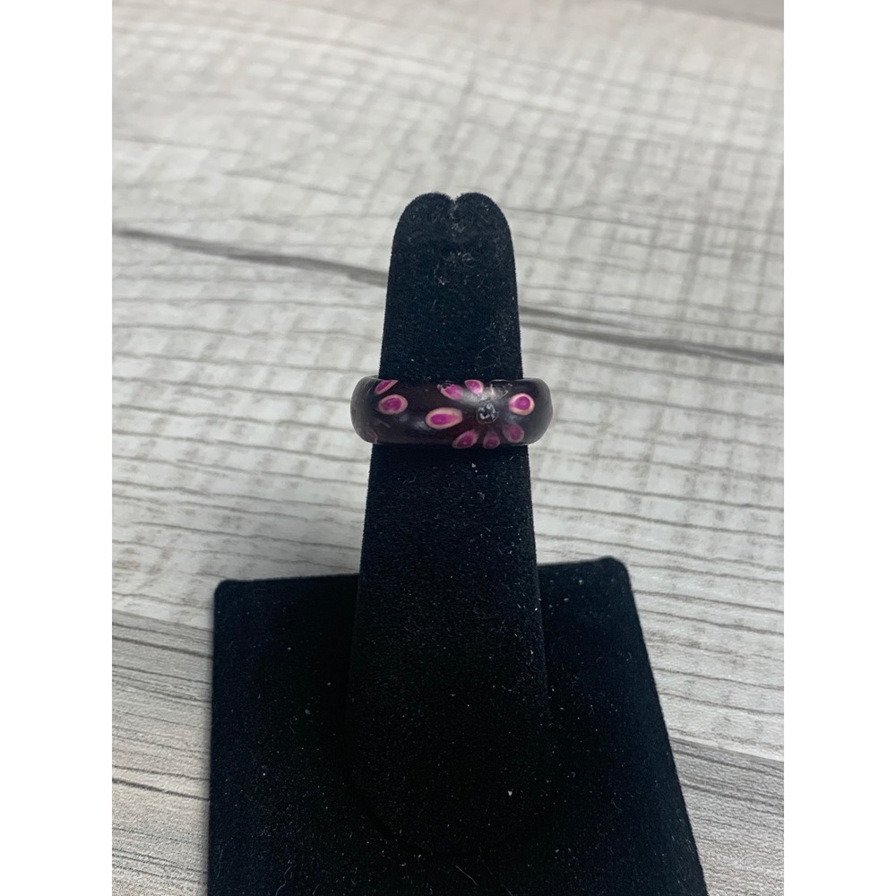 Vintage Dark Resin Millefiori Floral Band Ring Pink Purple Flower Size 6.25